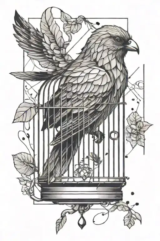 bird with a key in its paws and a cage in the background tattoo design idea