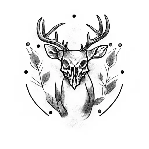 deer skull with ivy leafs around horns tattoo design idea