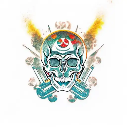 skull with helmet and two pistons like crossbones floating in water  tattoo design idea