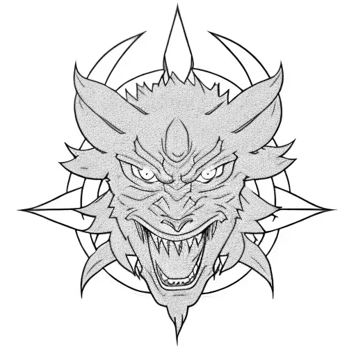 A mesmerizing blackwork design featuring the iconic symbol of Demon Slayer surrounded by Naruto's iconic symbols tattoo design idea