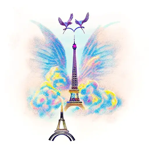 A whimsical bicycle with wings flying over the Eiffel Tower in Paris tattoo design idea