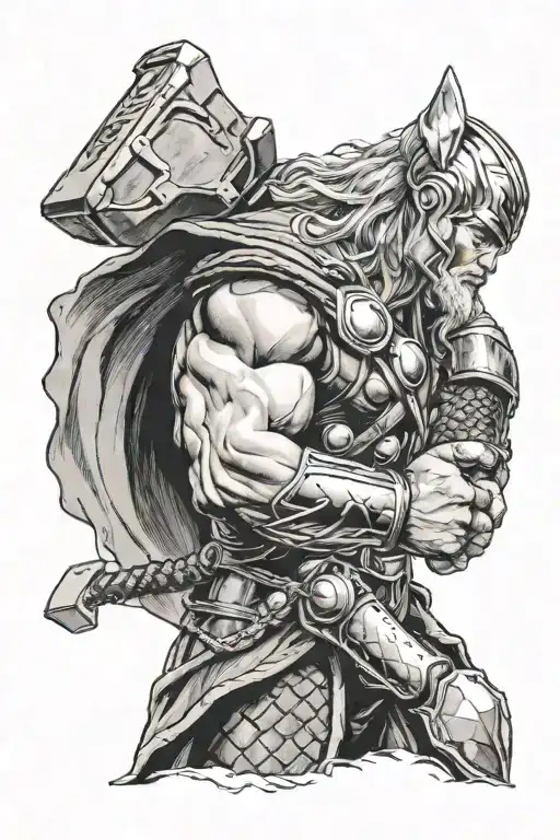 Thor side profile with helmut holding hammer in hand over shoulder tattoo design idea
