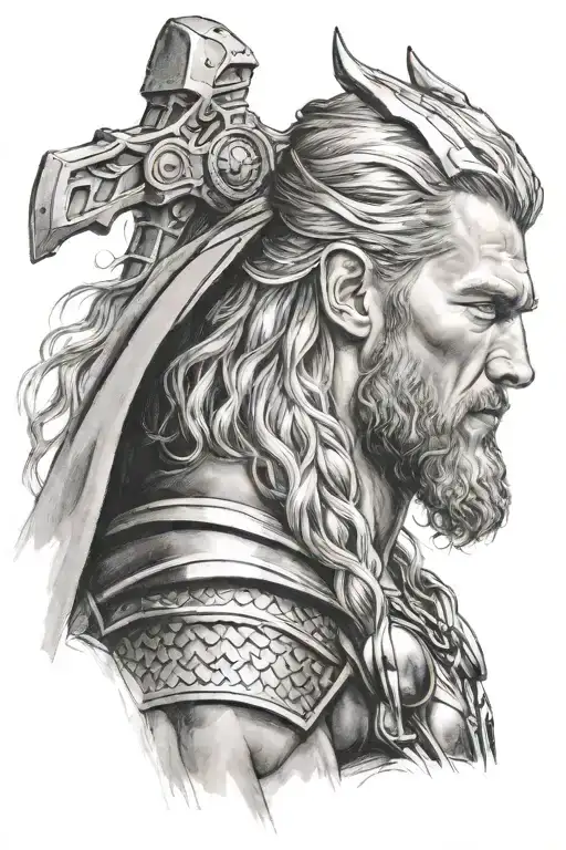 Thor side profile with helmut hammer in hand over shoulder tattoo design idea