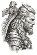 Thor side profile with helmut hammer in hand over shoulder tattoo design idea