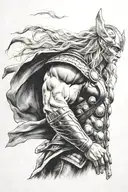 Thor side profile with helmut hammer in hand over shoulder tattoo design idea