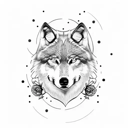 wolf with half moon behind and flowers under face tattoo design idea