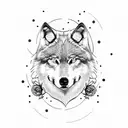 wolf with half moon behind and flowers under face tattoo design idea