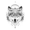 wolf with half moon behind and flowers under face tattoo design idea