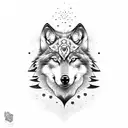 wolf with half moon behind and flowers under face tattoo design idea