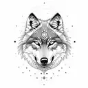wolf with half moon behind and flowers under face tattoo design idea