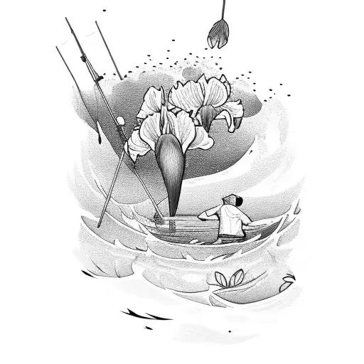 man fishing with iris flowers surrounding him tattoo design idea