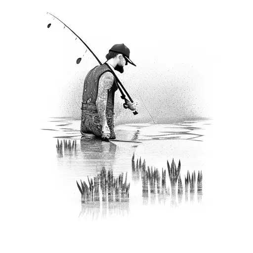 man fishing in a pond with his back turned, iris flowers around him  tattoo design idea