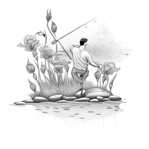 man fishing with his back turned with iris flowers surrounding him tattoo design idea