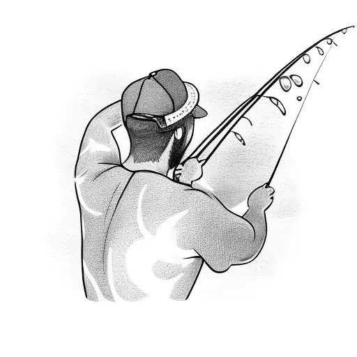 Man with back turned, fishing in a lake with iris flowers surrounding him tattoo design idea