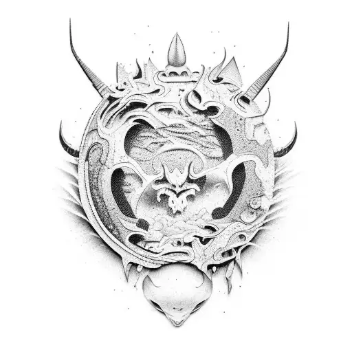 Create a surrealistic black-grey tattoo of a serene Japanese garden with devil mask elements on your back tattoo design idea