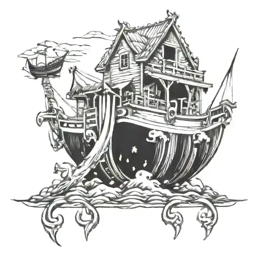 A detailed blackwork tattoo of the biblical story of Noah's Ark, incorporating construction tools like a hammer and nails tattoo design idea