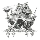 A detailed blackwork tattoo of the biblical story of Noah's Ark, incorporating construction tools like a hammer and nails tattoo design idea