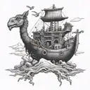 A detailed blackwork tattoo of the biblical story of Noah's Ark, incorporating construction tools like a hammer and nails tattoo design idea