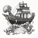A detailed blackwork tattoo of the biblical story of Noah's Ark, incorporating construction tools like a hammer and nails tattoo design idea
