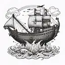 A detailed blackwork tattoo of the biblical story of Noah's Ark, incorporating construction tools like a hammer and nails tattoo design idea