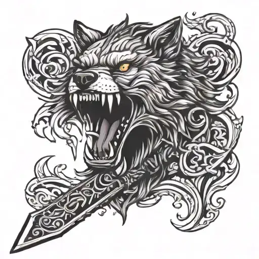 A wolf holding a sword in its mouth tattoo design idea
