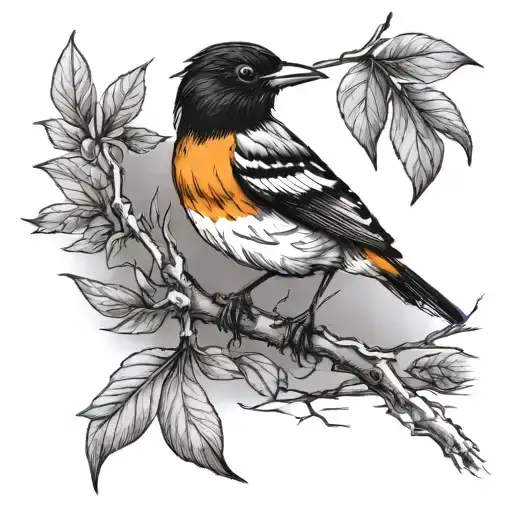 baltimore oriole bird on branch with six leaves in a drawing sketch where you can see the building lines tattoo design idea