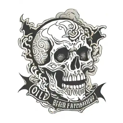 a drawing of a skull with the mouth open surrounded by smoke/clouds and banners saying "old habits die screaming" tattoo design idea