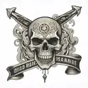 a drawing of a skull with the mouth open surrounded by smoke/clouds and banners saying "old habits die screaming" tattoo design idea