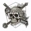 a drawing of a skull with the mouth open surrounded by smoke/clouds and banners saying "old habits die screaming" tattoo design idea