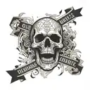 a drawing of a skull with the mouth open surrounded by smoke/clouds and banners saying "old habits die screaming" tattoo design idea