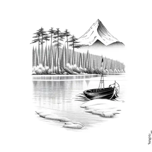 river bank with fishing boat and thick evergreen trees and mountains in background  tattoo design idea
