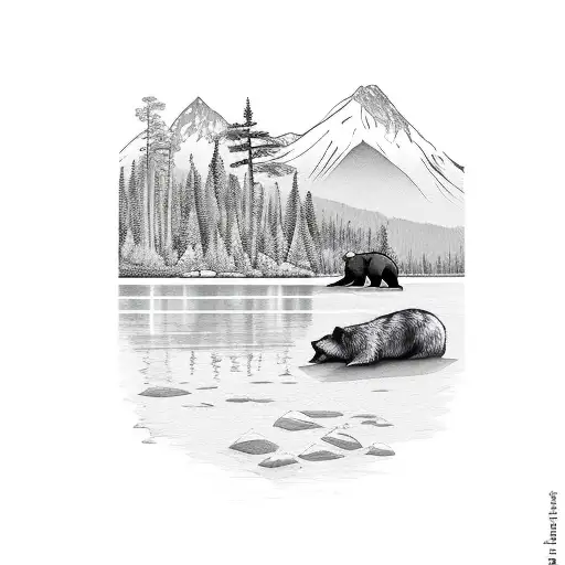 rocky river with bear and thick evergreen trees and mountains in background  tattoo design idea