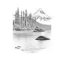 rocky river with bear and thick evergreen trees and mountains in background  tattoo design idea