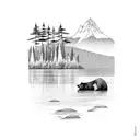 rocky river with bear and thick evergreen trees and mountains in background  tattoo design idea
