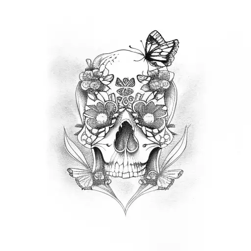 half skull and half butterfly with a flower in the middle tattoo design idea