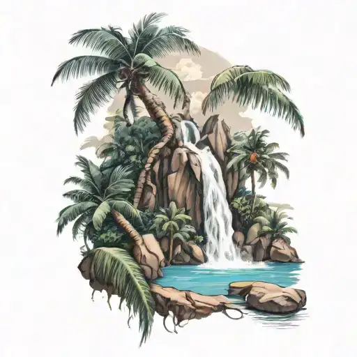 coconut tree connected to waterfall flowing tattoo design idea