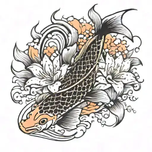 koi fish lotus flower blooming engulfed in fire rising tattoo design idea