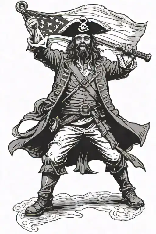 fat pirate captain silhouette holding a flag with eagle head in one hand and a cutlass in the other tattoo design idea