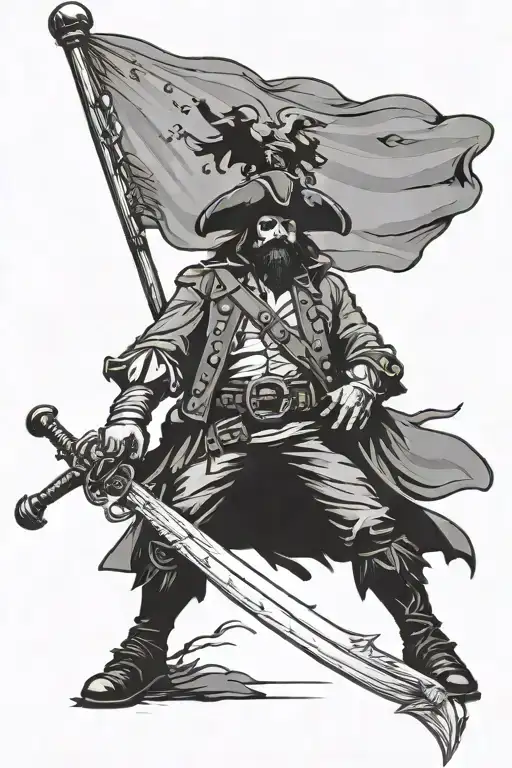 fat pirate captain silhouette holding a flag with eagle head in one hand and a cutlass in the other tattoo design idea