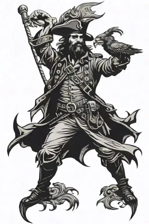 pirate captain silhouette standing on ship sailing with eagle head flag tattoo design idea