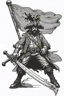 fat pirate captain silhouette holding a flag with eagle head in one hand and a cutlass in the other tattoo design idea