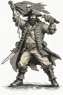 fat pirate captain silhouette holding a flag with eagle head in one hand and a cutlass in the other tattoo design idea