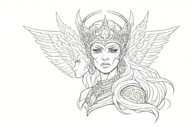 Valkyrie face with crown and wings tattoo design idea