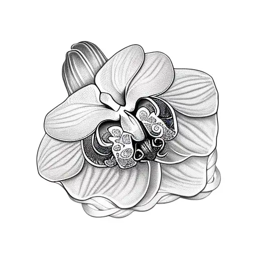 Generate an image of an exquisite orchid entwined with a gracefully spiraling vine, spelling out the word "Griffin". tattoo design idea