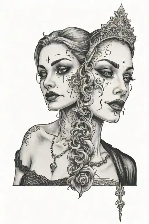 in a gothic style, a woman is looking into a mirror smiling and the woman in the reflection looking at her is crying tattoo design idea