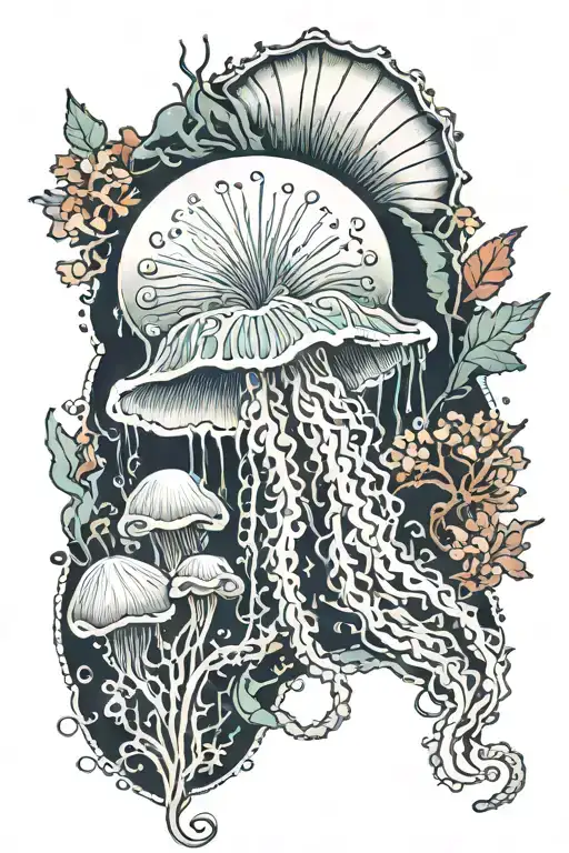 jellyfish, seashell, algae with sea plants around it, tattoo design idea