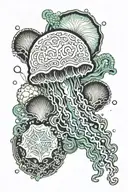 jellyfish, seashell, algae with sea plants around it, tattoo design idea