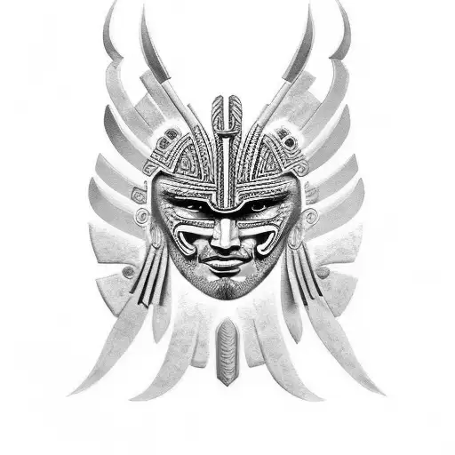 Black and grey Maori spiritual warrior mask tattoo design idea