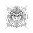 Dotwork Maori spiritual warrior surrounded by tribal patterns tattoo design idea