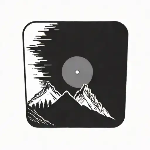 Vinyl record with a mountain in the upper part and a city in the lower part tattoo design idea